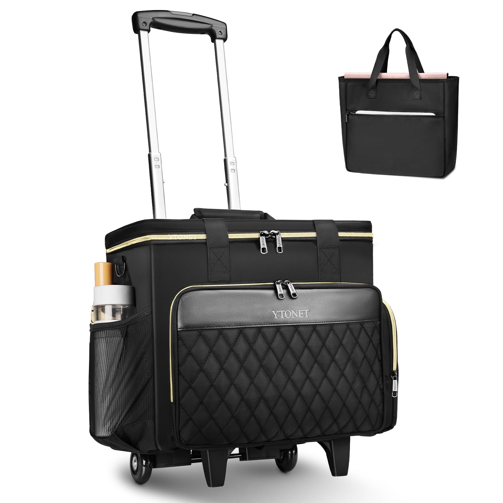 Ytonet Rolling Teacher Bag, Multifunctional Teacher Tote Bag with Detachable Dolly & File Tote, Large Rolling Briefcase with 15.6" Padded Laptop Compartment for Teaching, Office, Work, Craft, Black