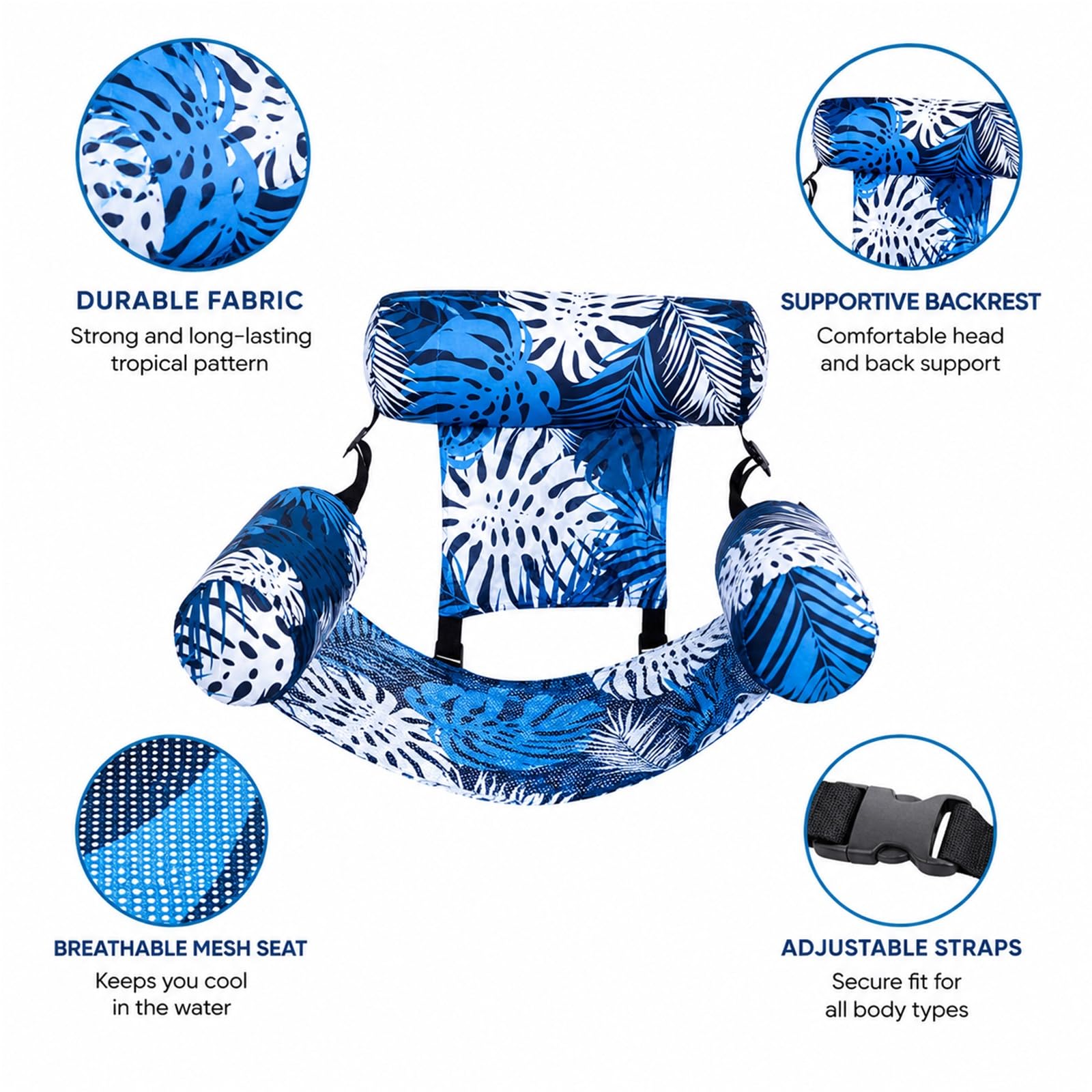 Hamac Gonflable À Motif Tropical avec Appui-tête et Sangles Réglables, Hamac Flottant Portable en PVC pour Piscine, Plage et Lac