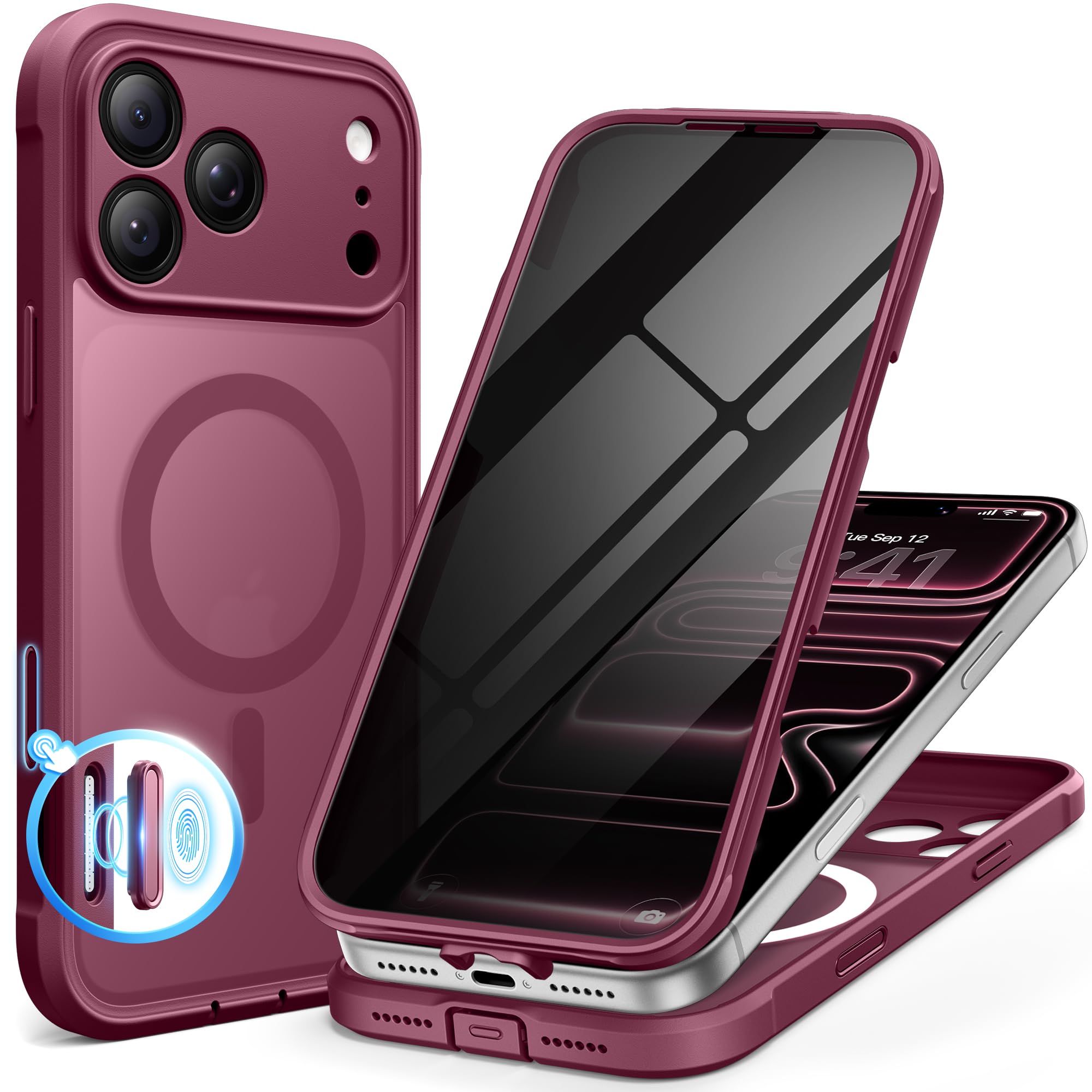 Photo 1 of BERFY for iPhone 17 Pro Max Case, Compatible with MagSafe, Built-in Privacy Screen Protector, Camera Protection, Shockproof Full Body Phone Case 6.9", Translucent Deep Red