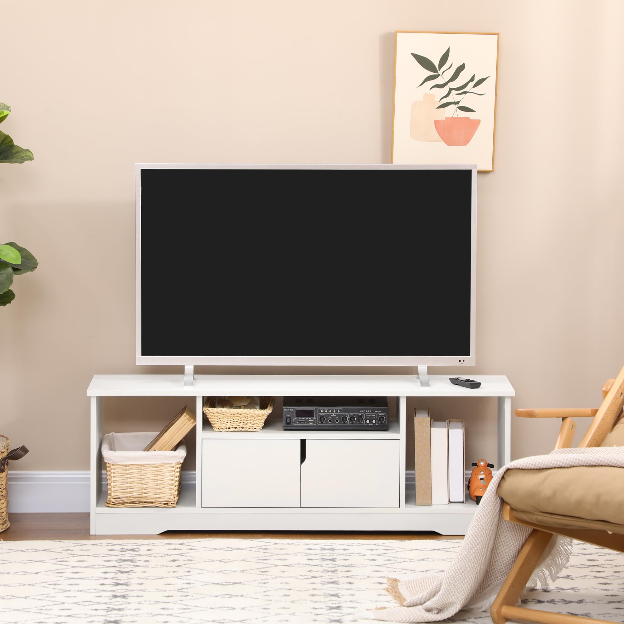 HOMCOM Mobile Porta TV Fino a 42'' con Armadietto e Ripiani Aperti, Mobiletto TV per Salotto e Soggiorno in Legno, 120x30x41cm, Bianco