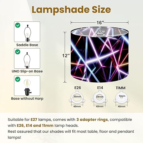 Miniatura 4 de Drum Lamp Shades Geometric intersecting glowing neon light tubes vibrant colors black Lampshade for Floor Lamps Table Lamp Pendant Light Linen
