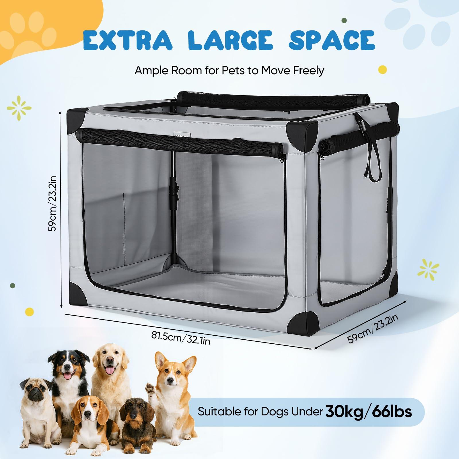 Transportín para Perros Plegable, 81.5 x 59 x 59 cm, para Perros Medianos | Capacidad Hasta 30kg, Ventanas de Malla, Tejido Resistente al Agua, Incluye Almohadilla Suave, Ideal para Viaje, Coche y Casa