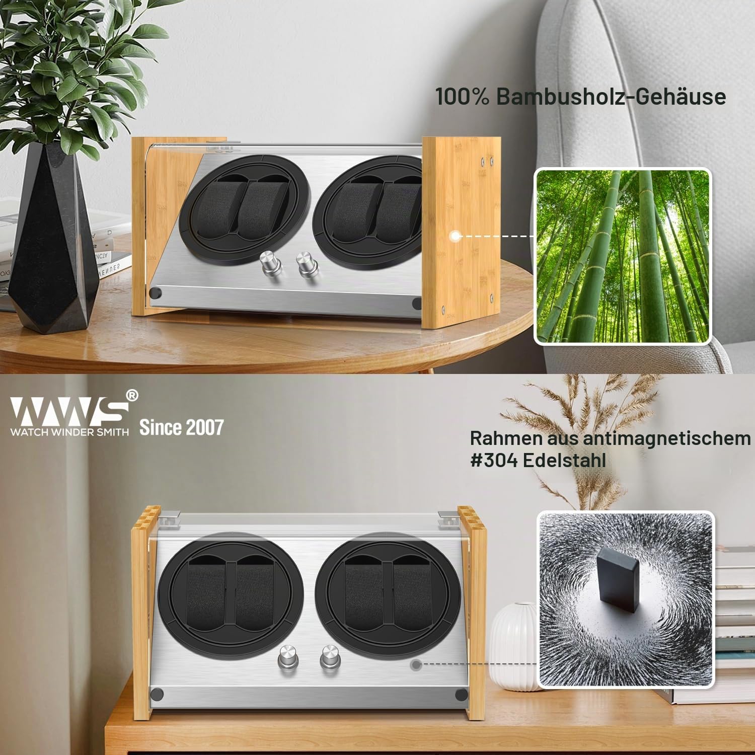 Watch Winder Smith Uhrenbeweger Box 4 für Automatikuhren, kompatibel, Handwerkskunst aus 100% Bambusholz, patentiertes Gehäuse, AC oder batteriebetrieben, super leiser japanischer Motor
