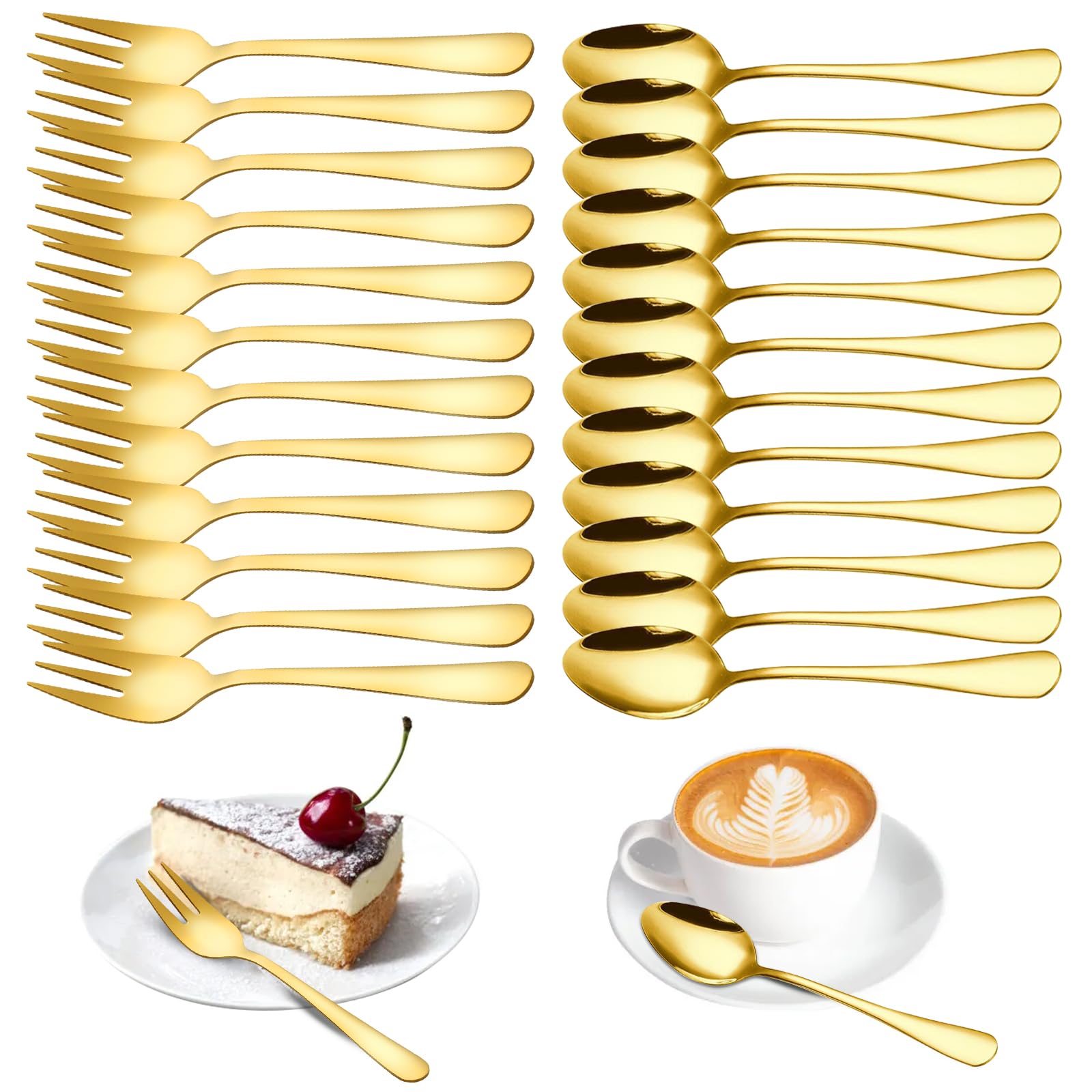 Set Oro 24 Pezzi Cucchiaini da Caffè e Forchettine da Dolce – Posate Piccole Eleganti in Acciaio Inox per Matrimonio, Compleanno, Natale – Resistenti e Lavabili in Lavastoviglie