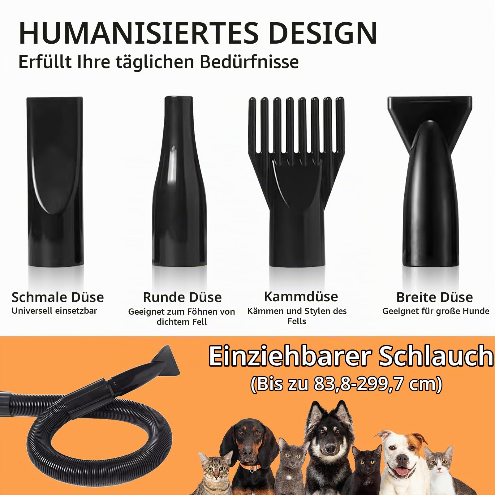 3200W Hundefön Blower Sehr Leise - Pet Dryer Hundetrockner Blower mit Einstellbarer Windgeschwindigkeit und Temperaturen, 4 Verschiedenen Düsen Elastischem Schlauch und Pflegebürst
