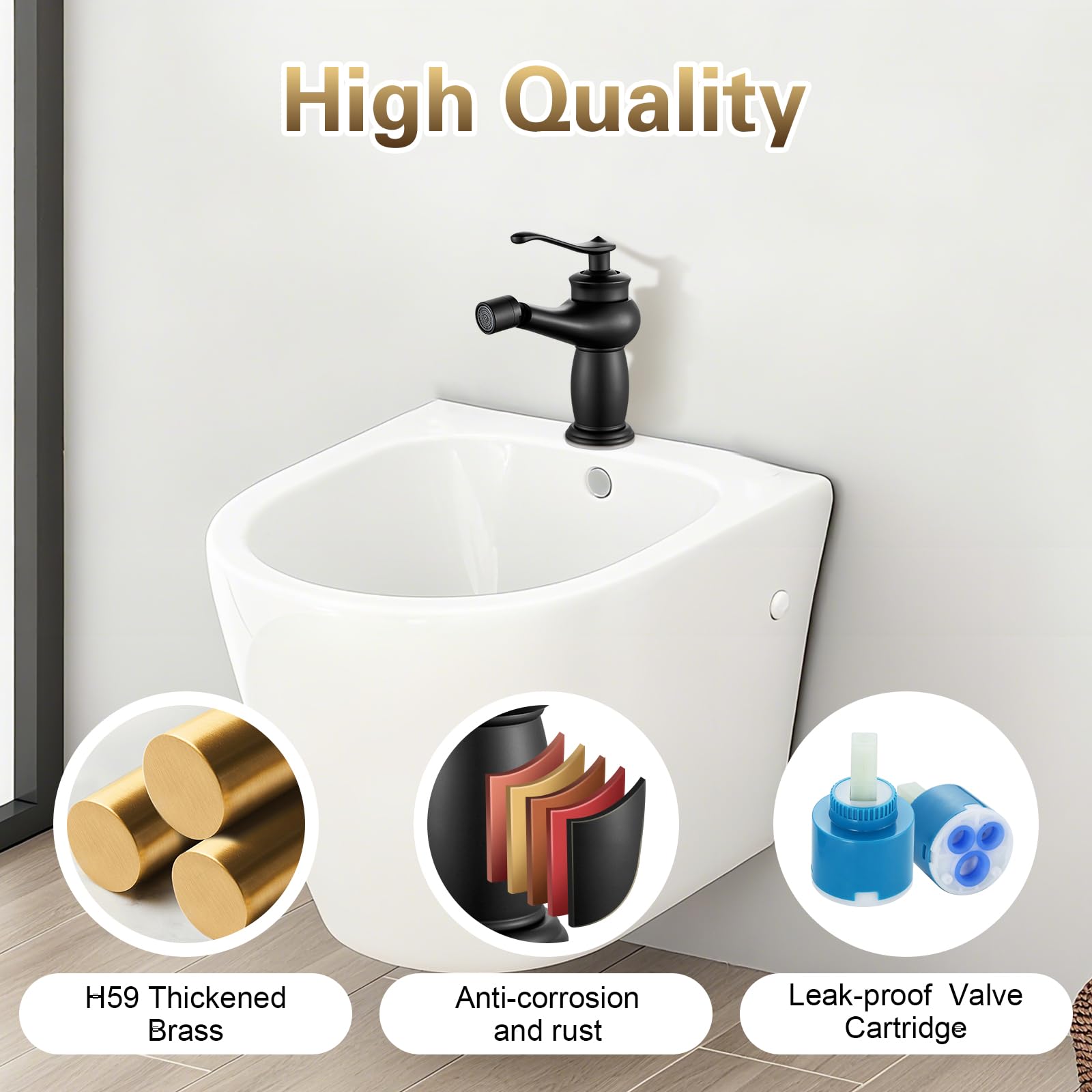 Rubinetto Bidet Nero, Rubinetto Bagno Lavabo Monocomando, Miscelatore Bidet con Beccuccio Girevole, Connessione Standard G3/8