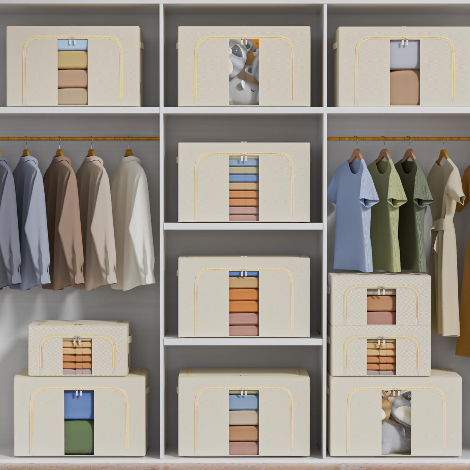 GoMaihe 3 Piezas Cajas Almacenaje Ropa - Material de tela Oxford Bolsas Para Guardar Ropa Plegable con Asa Reforzada y Ventanas Transparentes Adecuado para el almacenamiento diario de ropa (24L Beige)