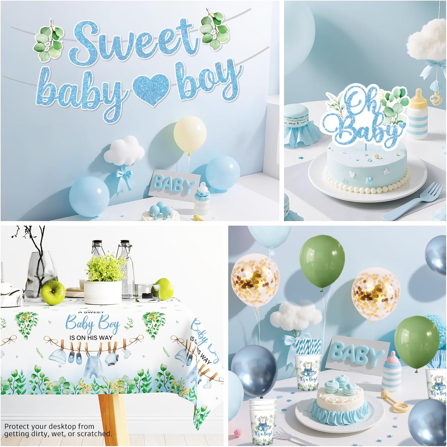 Xynic 201PCS Baby Shower Decorations Boy Tableware Set, 25 Serves Disposable Plates and Napkins Set, with 2pcs Tablecloth, Cake Topper, Banner, Balloons for Baby Boy Shower Decorations
