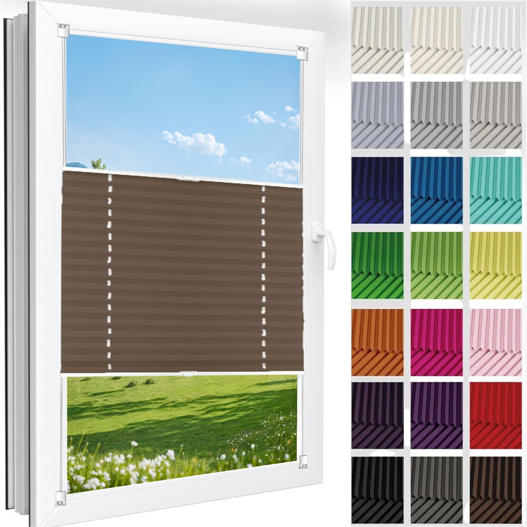Store plissé sans perçage contre le vis-à-vis store plissé à clipser marron 80x115 cm pour fenêtre