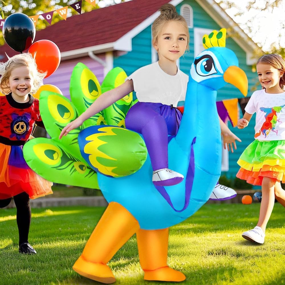KOOY Inflatable Costume,Peacock Halloween Costumes Air Blow up Costumes for Girls/Kids, Funny Ride on Peacock Costume