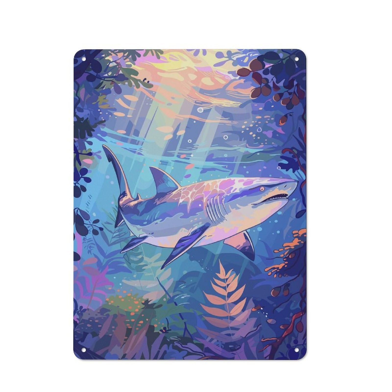 Junmoney Style-19 Shark Underwater Art Retro Metal Wall Decor 40X30cm, Retro Metal Sign For Garage, Hobby Room, Office Or Man Cave