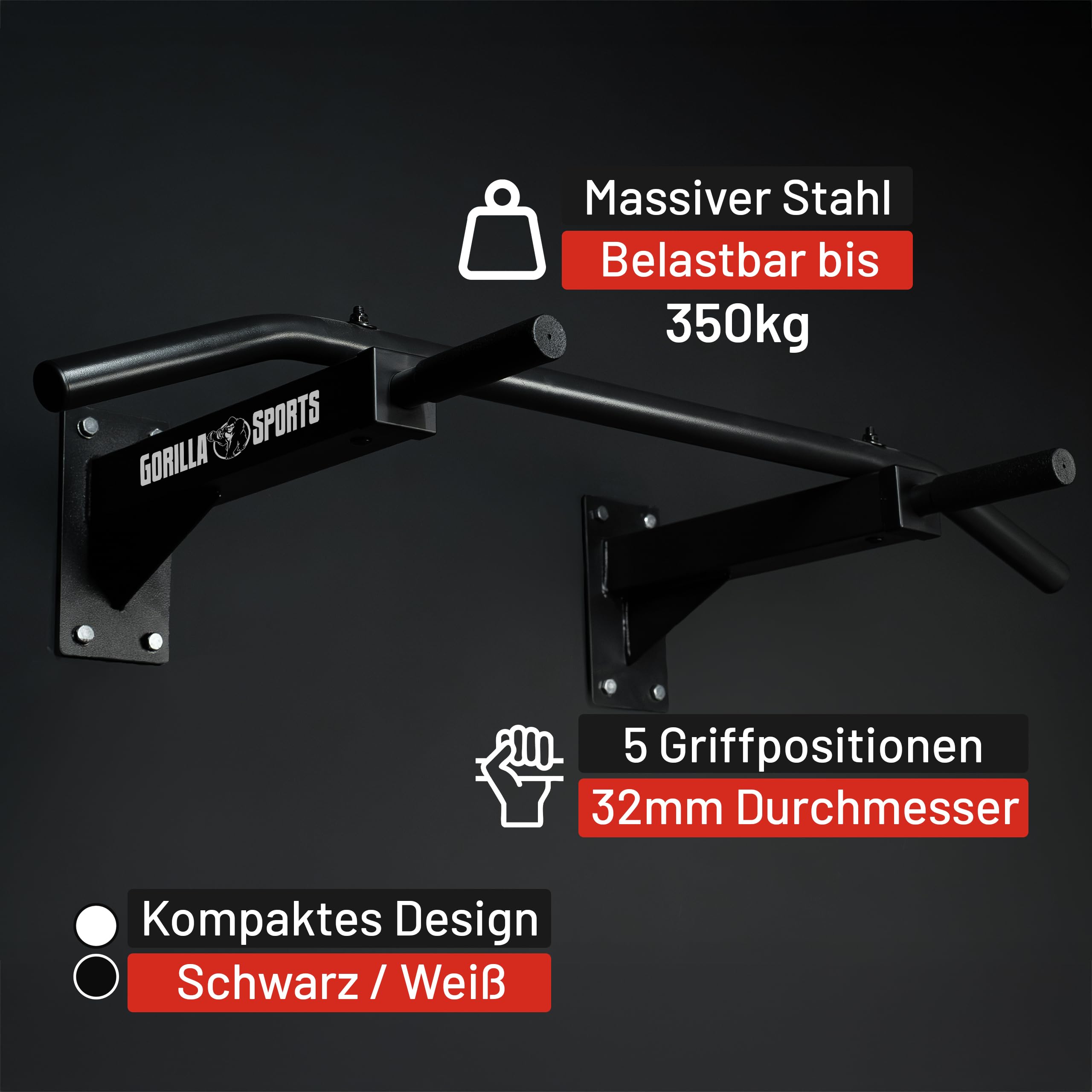 GORILLA SPORTS® Barra per Trazioni – per Parete, a Muro, Antiscivolo, con/senza Banda Resistenza, Max 350kg, Acciaio, Nero/Bianco – Pull Up Bar, Sbarra di Sollevamento, Multifunzione, Fasce Elastiche