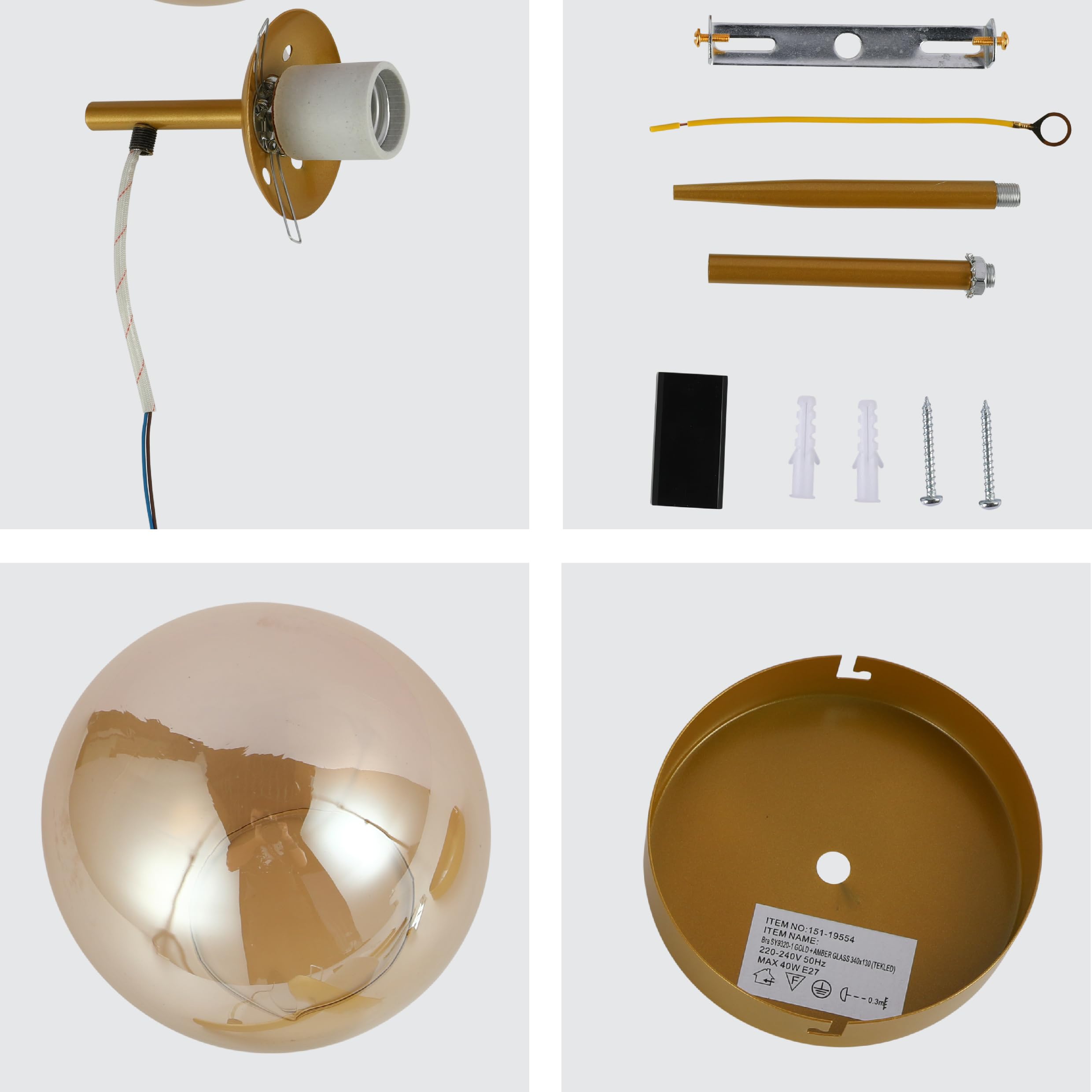 TEKLED myHome Mid-Century Nordic Globe Sconce Modern Wall Light, Gold-amber - Image 4