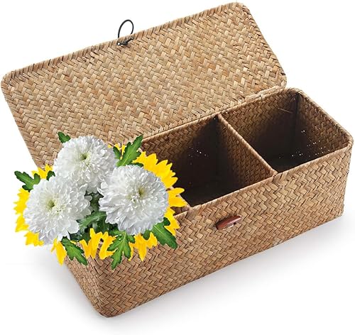Eytueo Cestas de mimbre tejidas a mano con tapa, 3 rejillas rectangulares organizadoras tejidas de hierba marina para estantemesa, cesta de