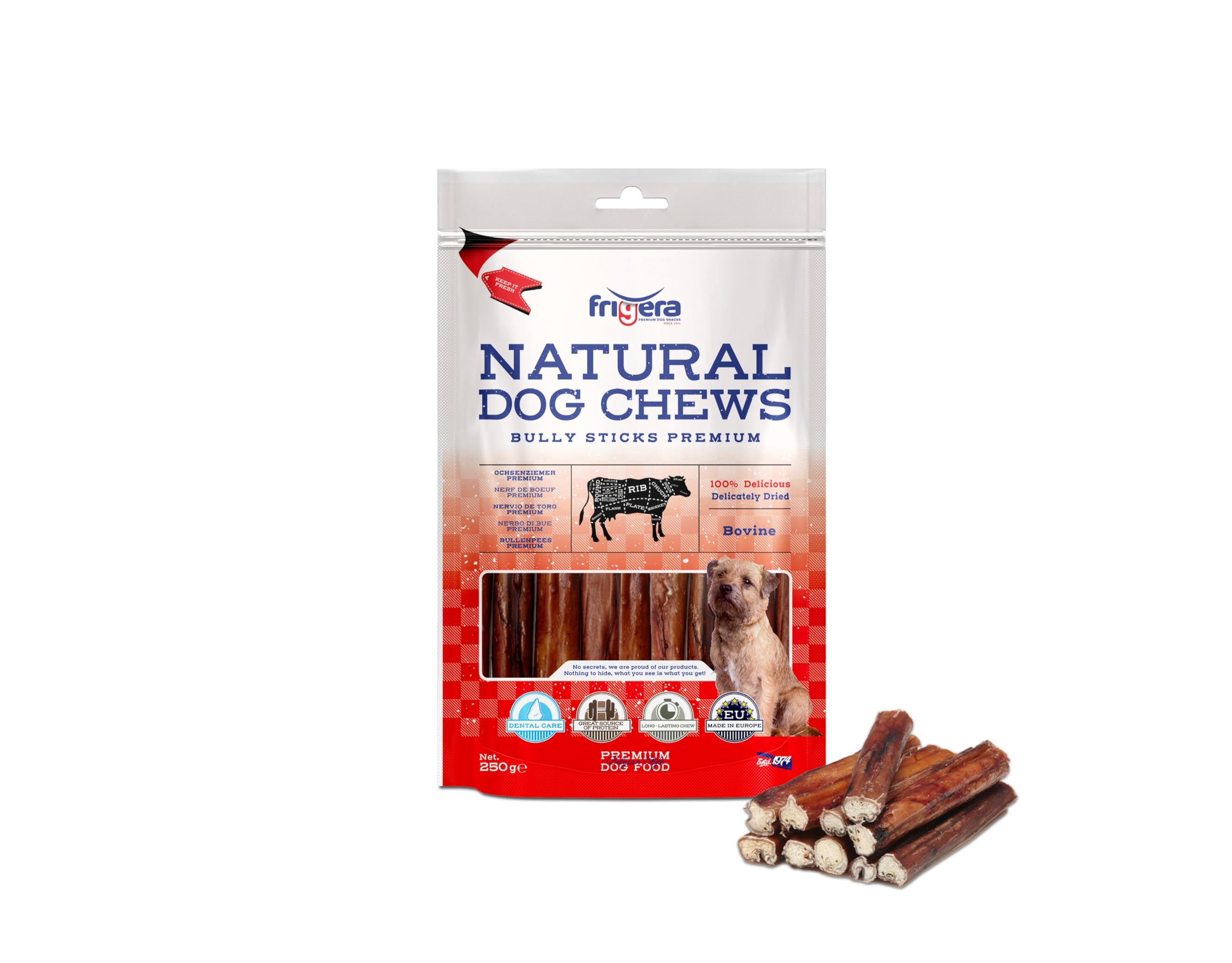 Frigera Cuccia di bue di alta qualità, 15 cm, 250 g, manzo, naturale, ricco di proteine, per cani, senza glutine e cereali, a lunga durata.