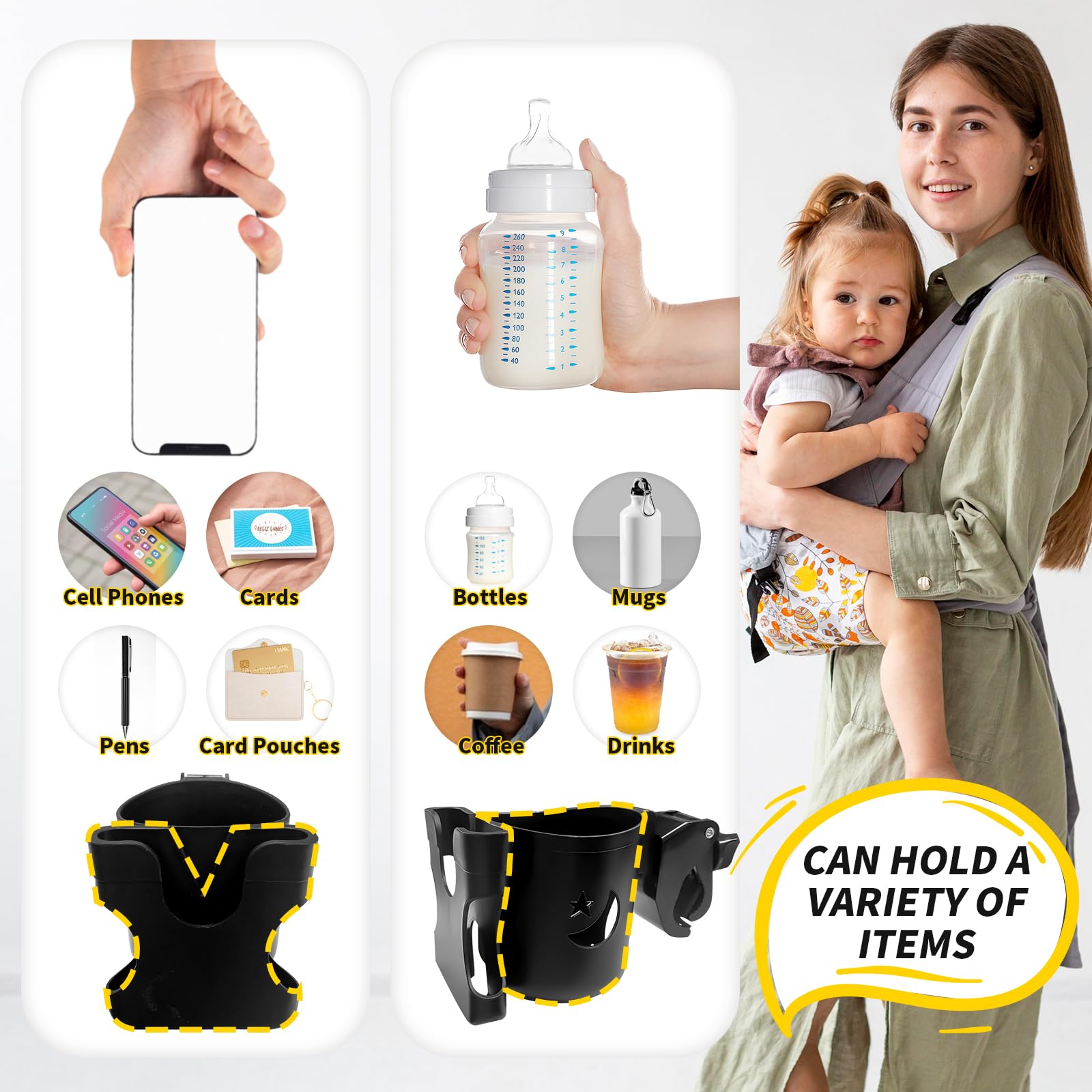 Portavasos Carrito Bebe con 2 Gancho Carro Bebe Ajustable y Versátil Porta Vasos para Biberones Bebidas Termos Vasos Teléfonos Móviles,Soporte Botella Bicicleta para Sillas de Ruedas Carritos