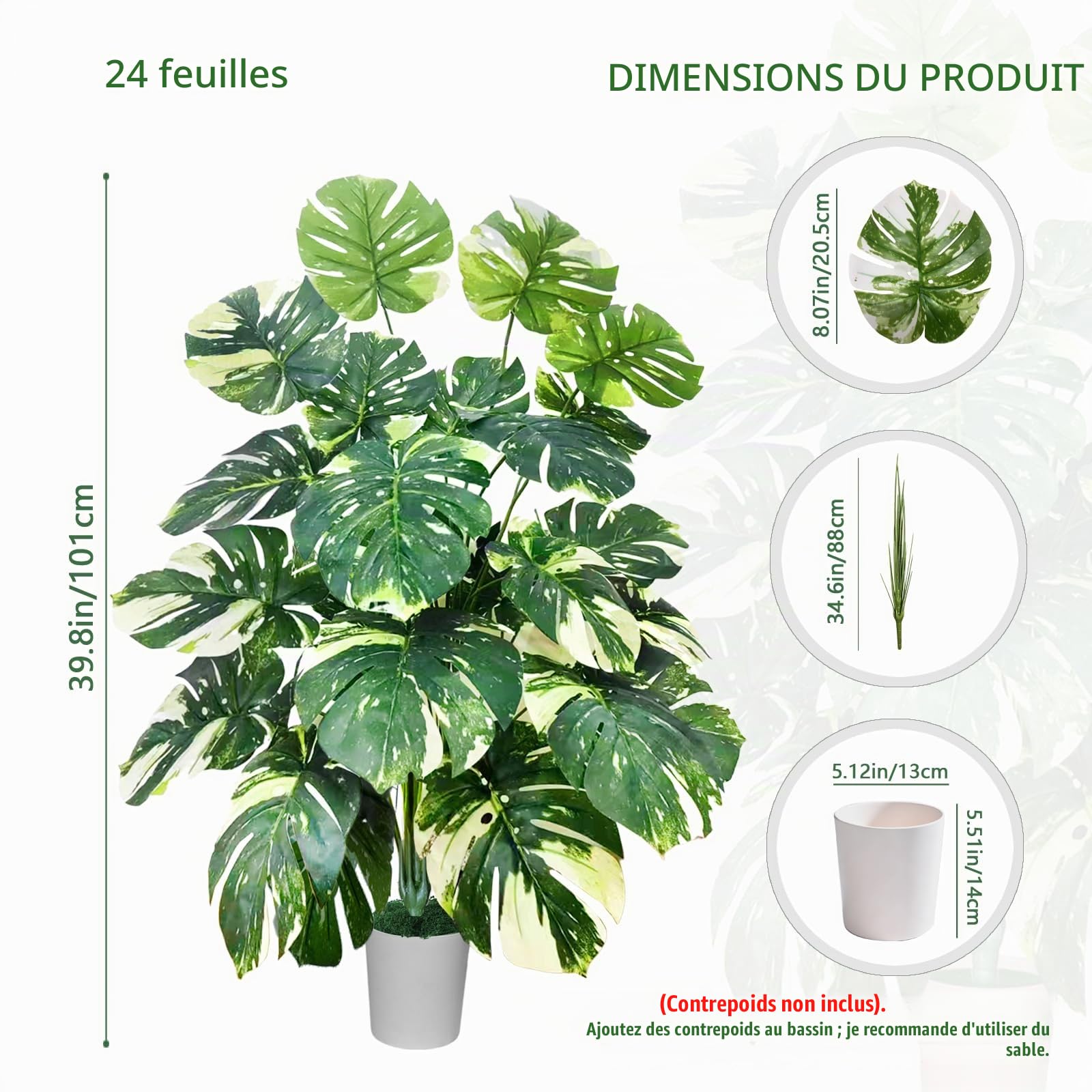 Monstera Artificielle en Pot，101 cm，24 Feuilles，Plante Tropicale