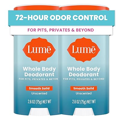 Lume Whole Body Deodorant - Smooth Solid Stick - 72 Hour Odor Control - Aluminum Free, Baking Soda Free and Skin Safe - 2.6 Ounce (Pack of 2) (Soft Powder)