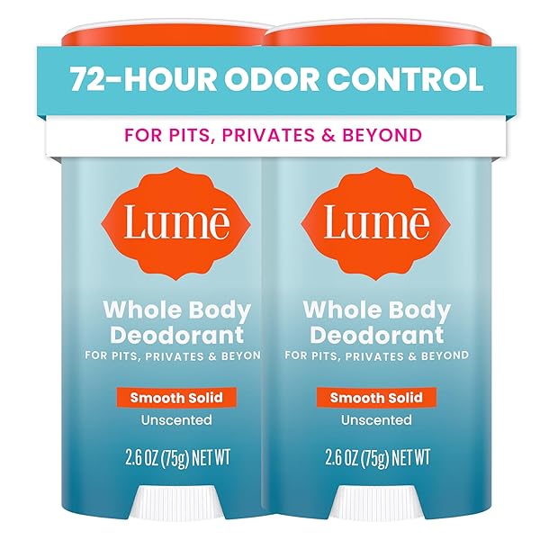 Lume Whole Body Deodorant - Smooth Solid Stick - 72 Hour Odor Control - Aluminum Free, Baking Soda Free and Skin Safe - 2.6 Ounce (Pack of 2) (Soft Powder)