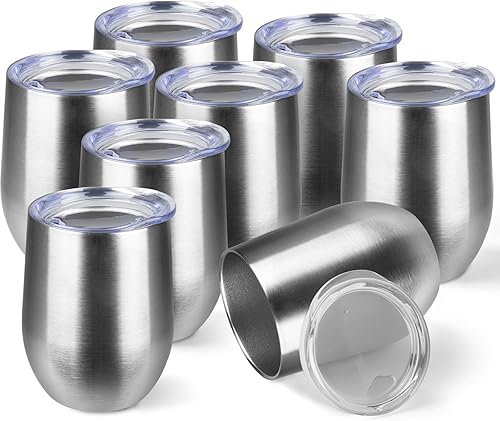 StarSpeed Paquete de 8 vasos de vino de 12 onzas con tapa, tazas de viaje de acero inoxidable sin tallo con aislamiento de doble pared, vasos de