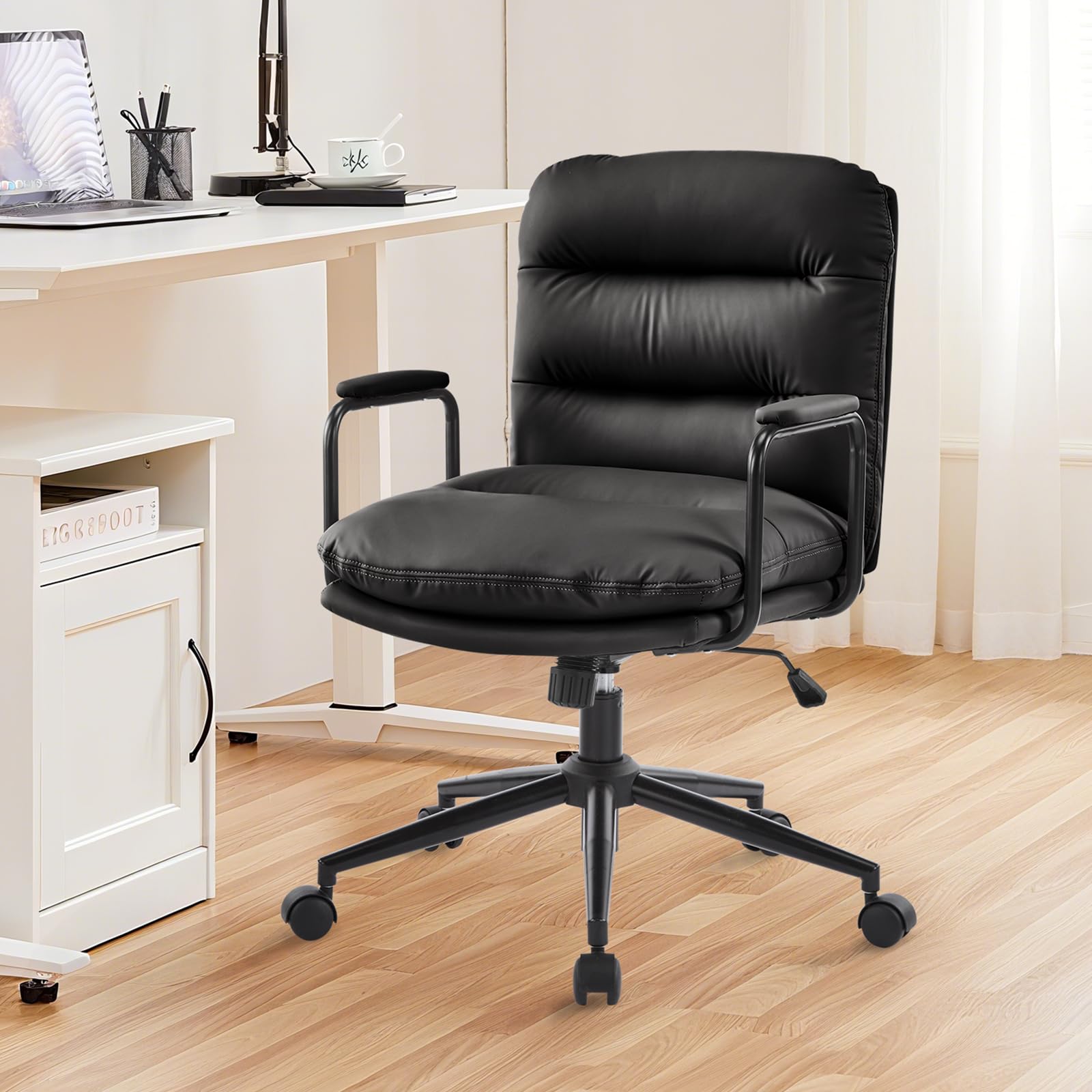 Fauteuil de Bureau Réglable en Hauteur Cuir PU avec Roulettes, Chaise Coiffeuse Bascule Pivotante Noir