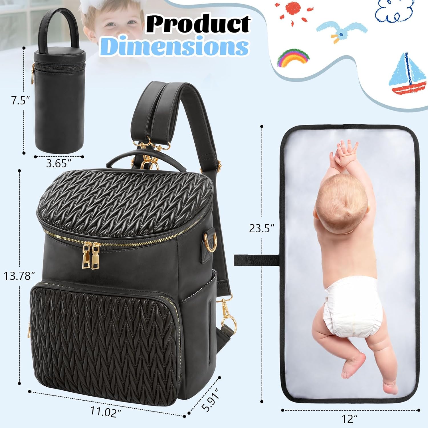 Minsong Diaper Bag Backpack for Women, Cute Stylish Mommy Diaper Backpack, Waterproof Travel PU Leather Baby Backpack Diaper Bag (Black) - Image 3
