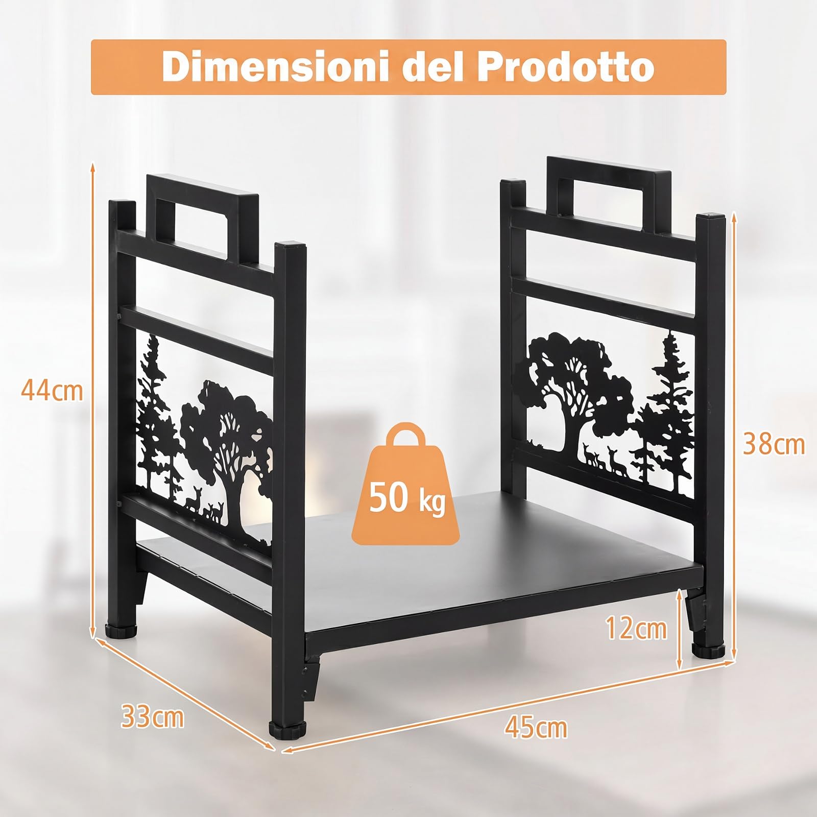 COSTWAY Porta Legna da Interno ed Esterno | Portalegna in Metallo con Ripiano Rialzato e Delicato Disegno, 45 x 33 x 44 cm, Portata 50 kg