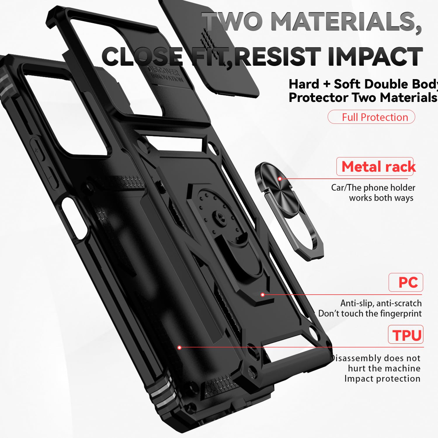 Jiyu Funda Compatible con Xiaomi Redmi 13C/ Poco C65 Carcasă Armor Militar Cubierta de Cámara Deslizante Proteger Fundas con 360 Full Protección Anillo Soporte Silicona Estuche Cover Case,Negro — view 7