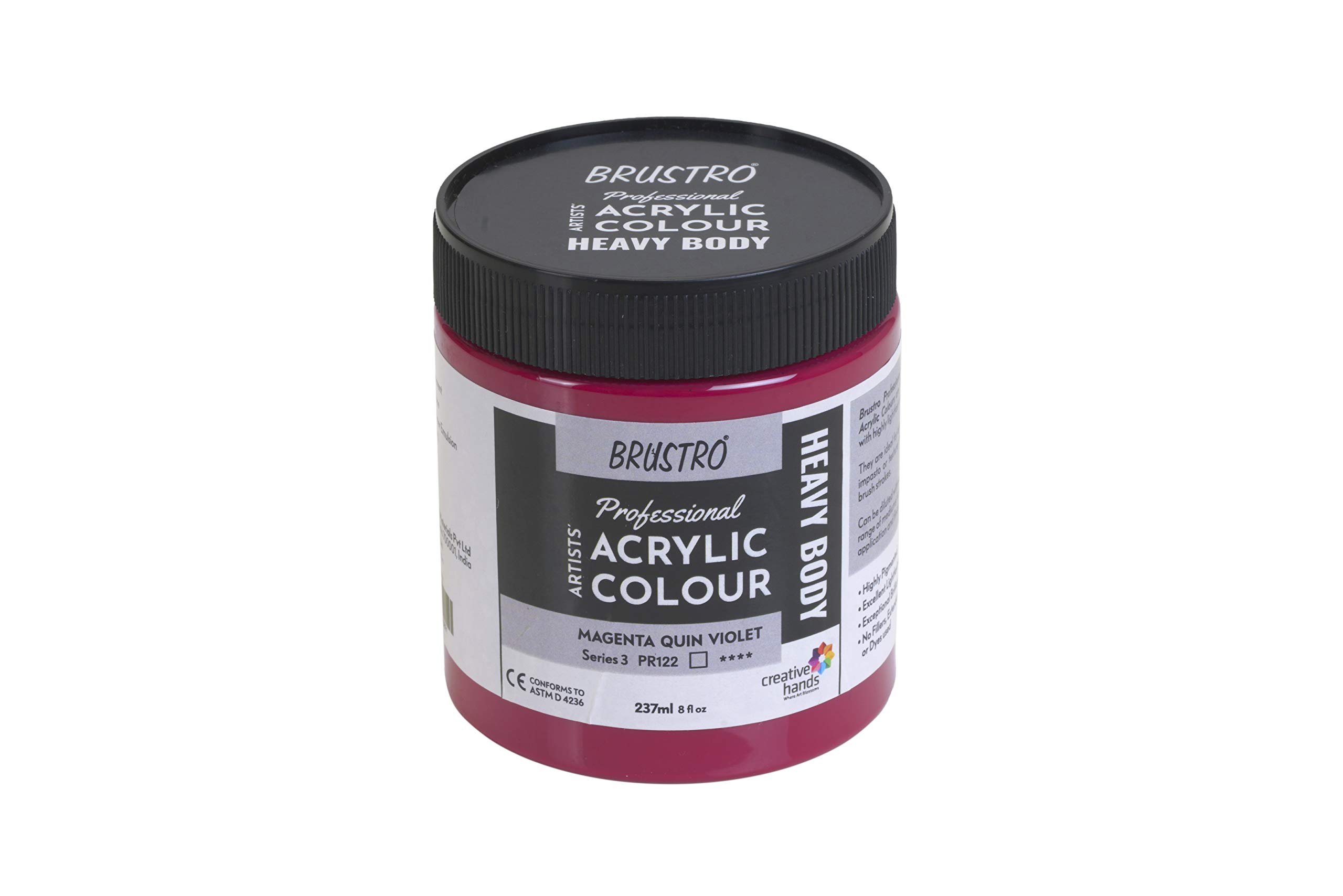BRUSTRO Pintura acrílica profesional de 237 ml, color magenta, Quin Violet (Sr 3), ideal para lienzos, técnicas de pintura con textura e impasto, efectos dimensionales, retiene pinceladas.