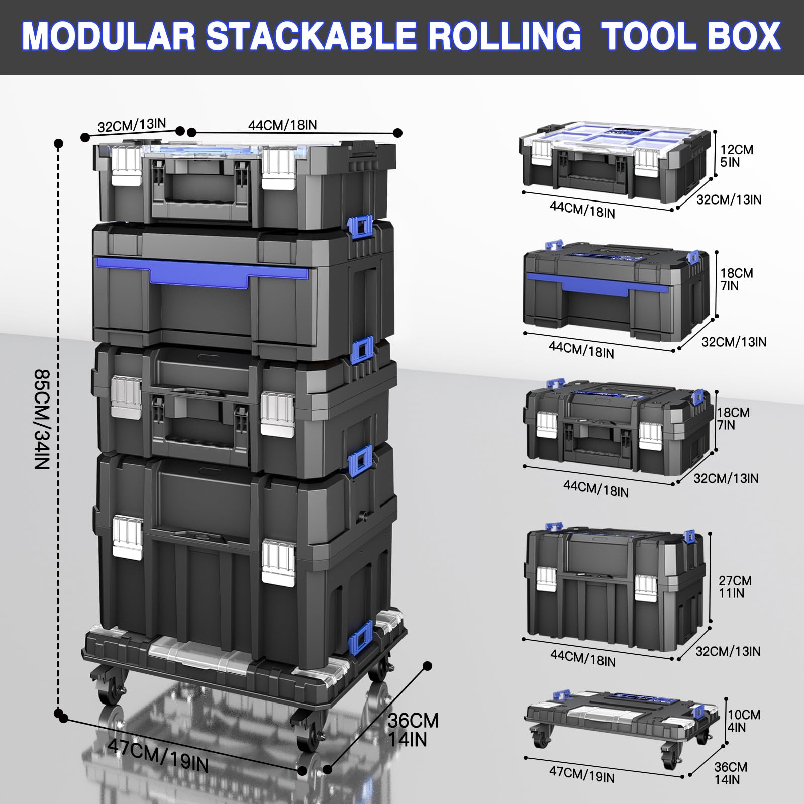 5-Lagiger Werkzeugkoffer mit Rollen,Modularer, Stapelbarer Werkzeugkoffer Leer,Tragbarer Werkzeugkiste mit Schublade,Robust und Langlebig, der Garage,Hausreparaturen und Professionelle Einsätze