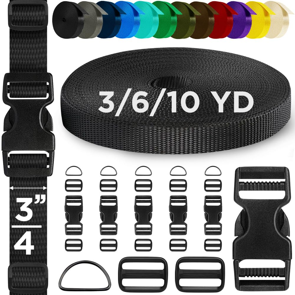 TECEUM Buckles & Strap Kit – 3/4" Black Nylon Webbing 6 (yd) – 6 Heavy Duty Adjustable Plastic Buckles – 12 Tri-Glide Slide Clips – 6 Metal D-Ring –