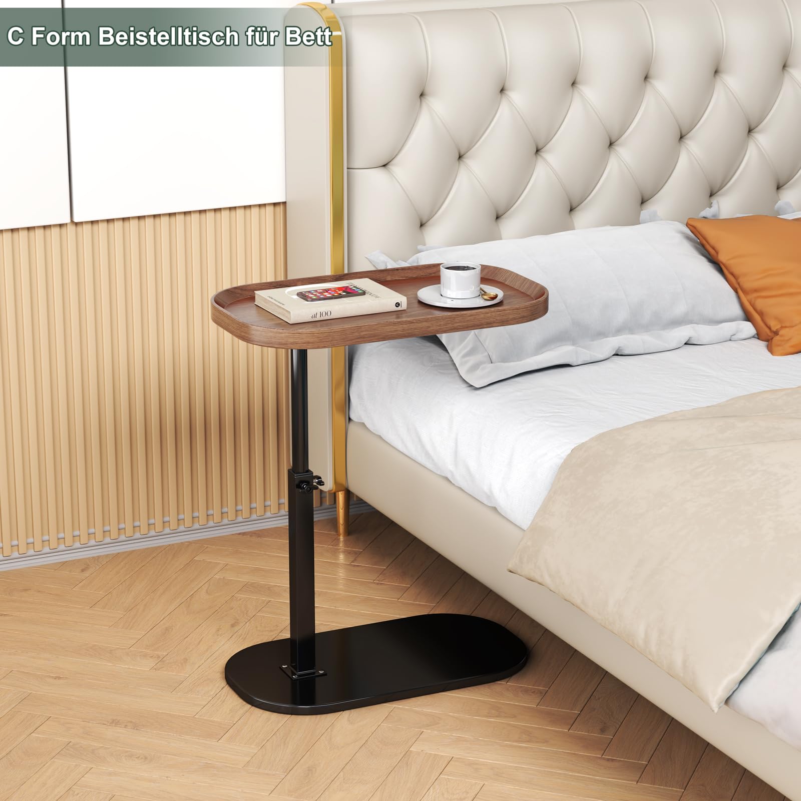 Mesa Auxiliar en Forma de C, Regulable en Altura y Giratoria 360°, Mesa Lateral Moderna y Móvil de Madera para Sofá y Café