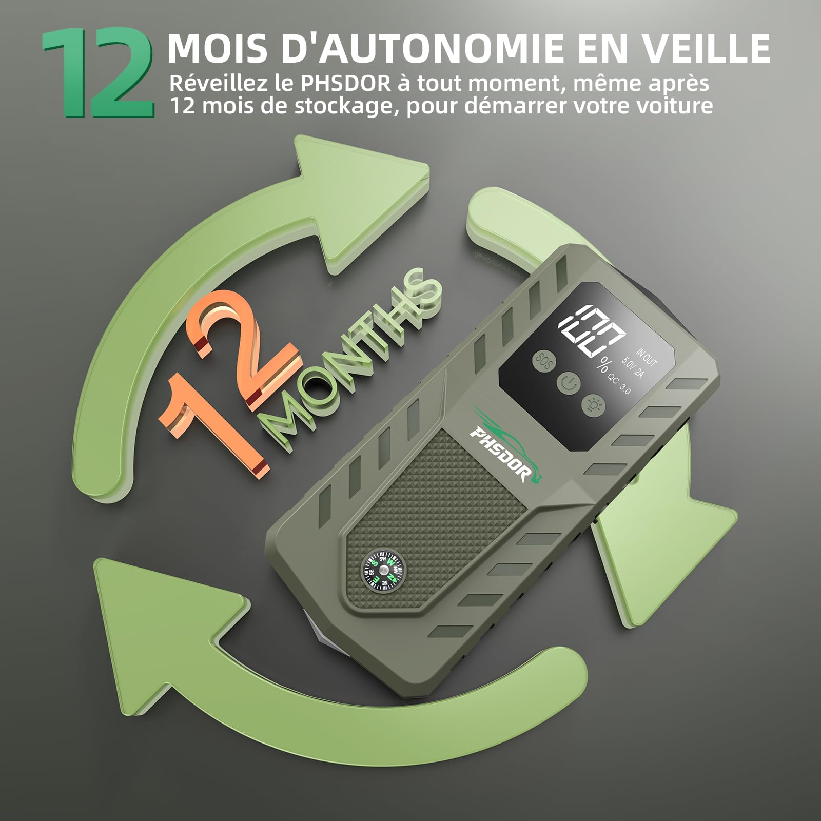 6000A Booster Batterie Voiture, 20000mAh Booster de Batterie (10L Gaz/8L Diesel), 12V Démarreur Batterie Voiture, Jump Starter avec Lumière LED