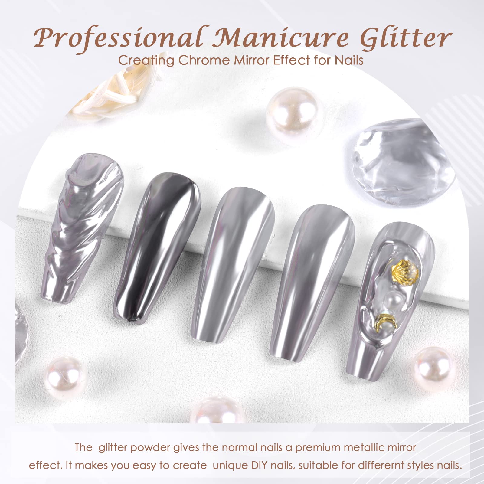 Laza Chrome Nail Powder Mirror Effect Metallic Dust Holographic Glitter Glazed Manicure Decoration Reflective Pigment for DIY Gel Polish Nail Art, Resin Craft, Gifts - Silver