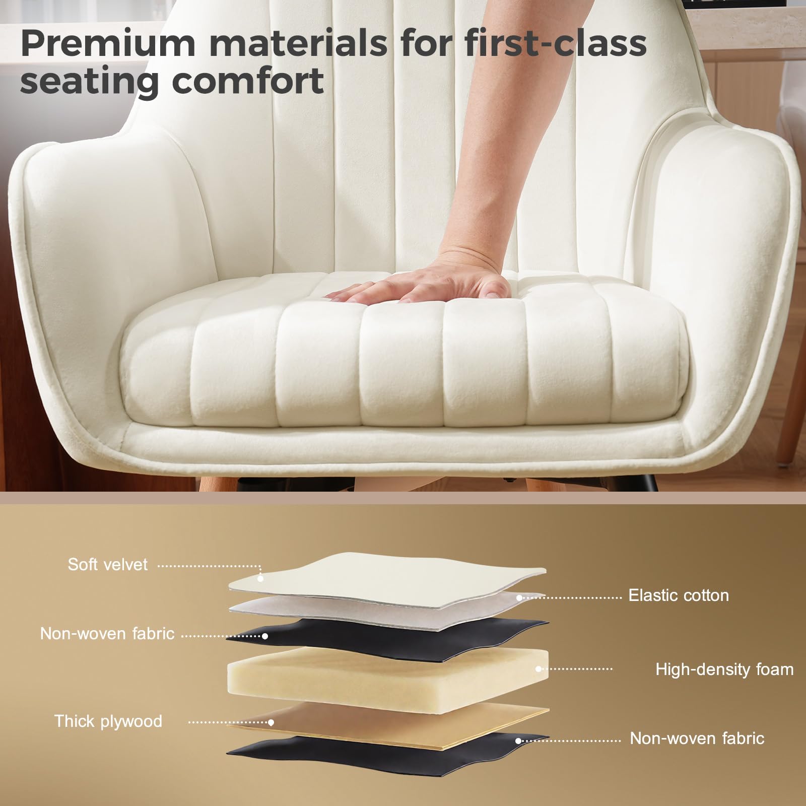 ELUCHANG Silla de Comedor Pack 4, 360°Giratoria, 12cm Grosor Sillones con Reposabrazos Altos, Crema Terciopelo Silla para Cocina, Salón, Dormitorio, Carga Máx. 150 kg, Patas de Madera