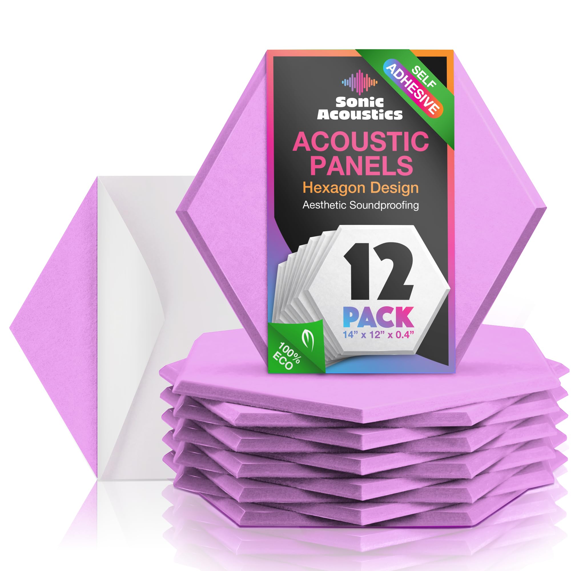 Self-Adhesive Hexagon Sound Proof Foam Panels, 12 Pack - 14"x 12"x 0.4" Noise Dampening Panels for Home Studio, Office - Light Purple