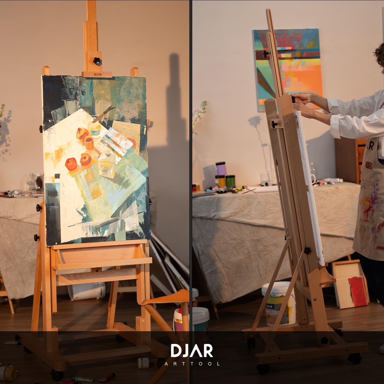 DJAR Caballete de Estudio Grande en H, Soporta Lienzos hasta 236 cm, Caballete de Suelo Ajustable de Haya Maciza con Ruedas 360°, Natural