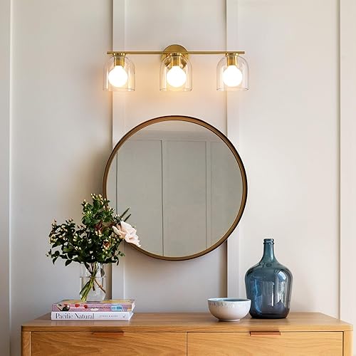 Miniatura 2 de WOSHITU Lámparas de tocador de baño 23.3 pulgadas modernas lámparas de baño de oro cepillado sobre espejo con pantalla de vidrio transparente, luces