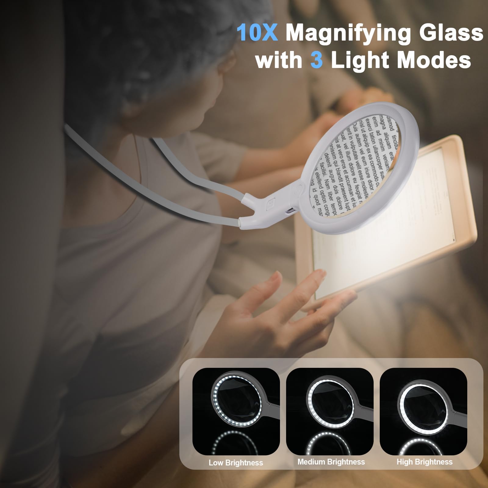 Lupa de cuello manos libres con luz, lupa grande de 10 x 5.2 con 36 luces LED, cuello de cisne flexible para trabajo cercano, lectura, costura, senior (blanco)