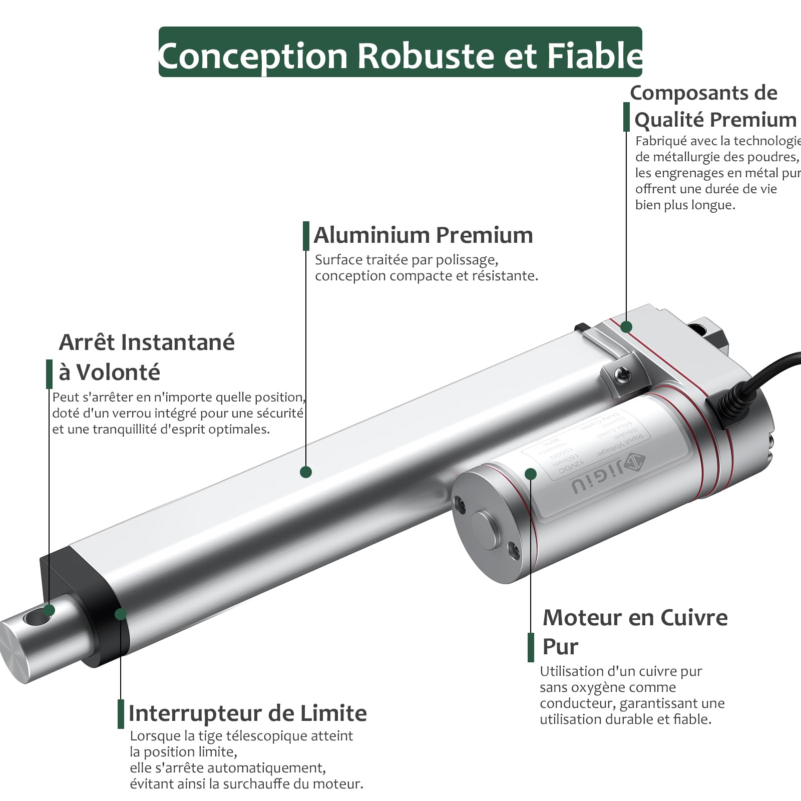 JiGiU Actionneur Linéaire 12V 1500N IP65, Course 150mm, 10mm/s, Vérin Électrique Auto-bloquant avec Supports, pour Ouvre-porte/Ouvre-fenêtre, Domotique, Machines - Argent