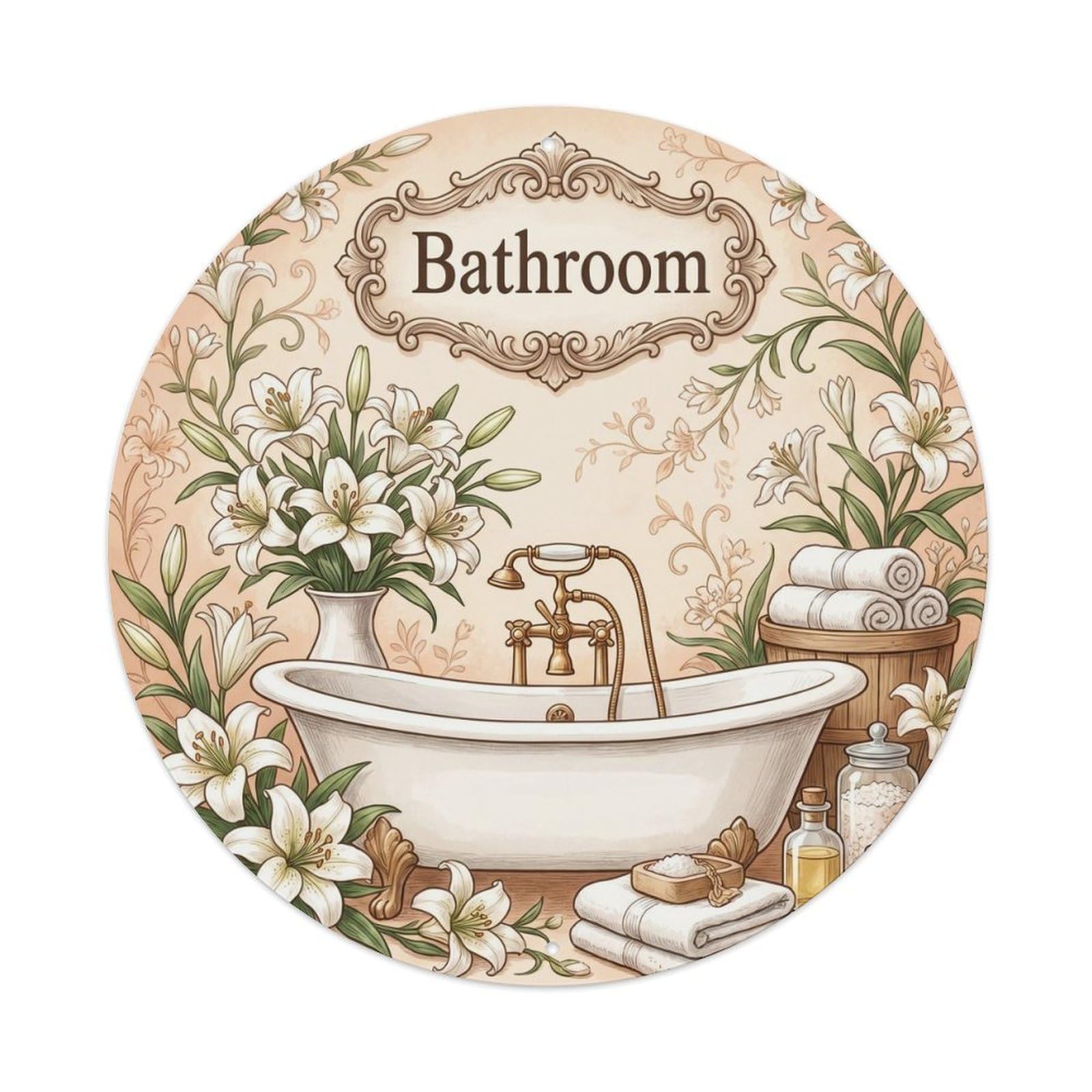 Yrnq Vintage Style Bathroom Lily Vintage Bathroom Decor Vintage Metal Tin Sign Plaque Wall Decor For Cafe, Club, Garden Round Metal Poster 8X8inch