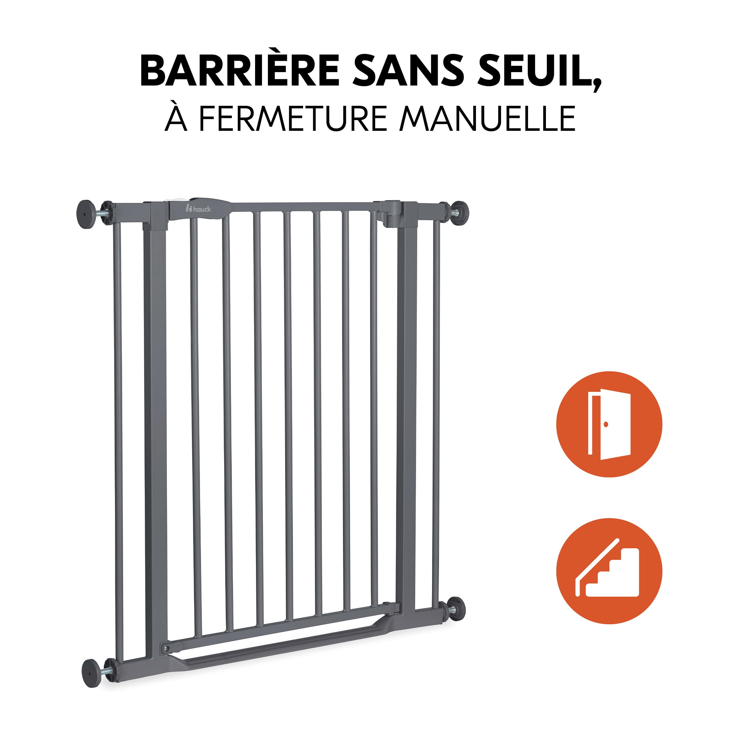 hauck Lot Barriere de Securite Enfant Clear Step (Largeur 75 à 80 cm) Sans Percage, Seuil Ultra Plat, Ouverture Bilatèrale à 1 Main - 3x Bloque Porte Bébé, Gris Foncé