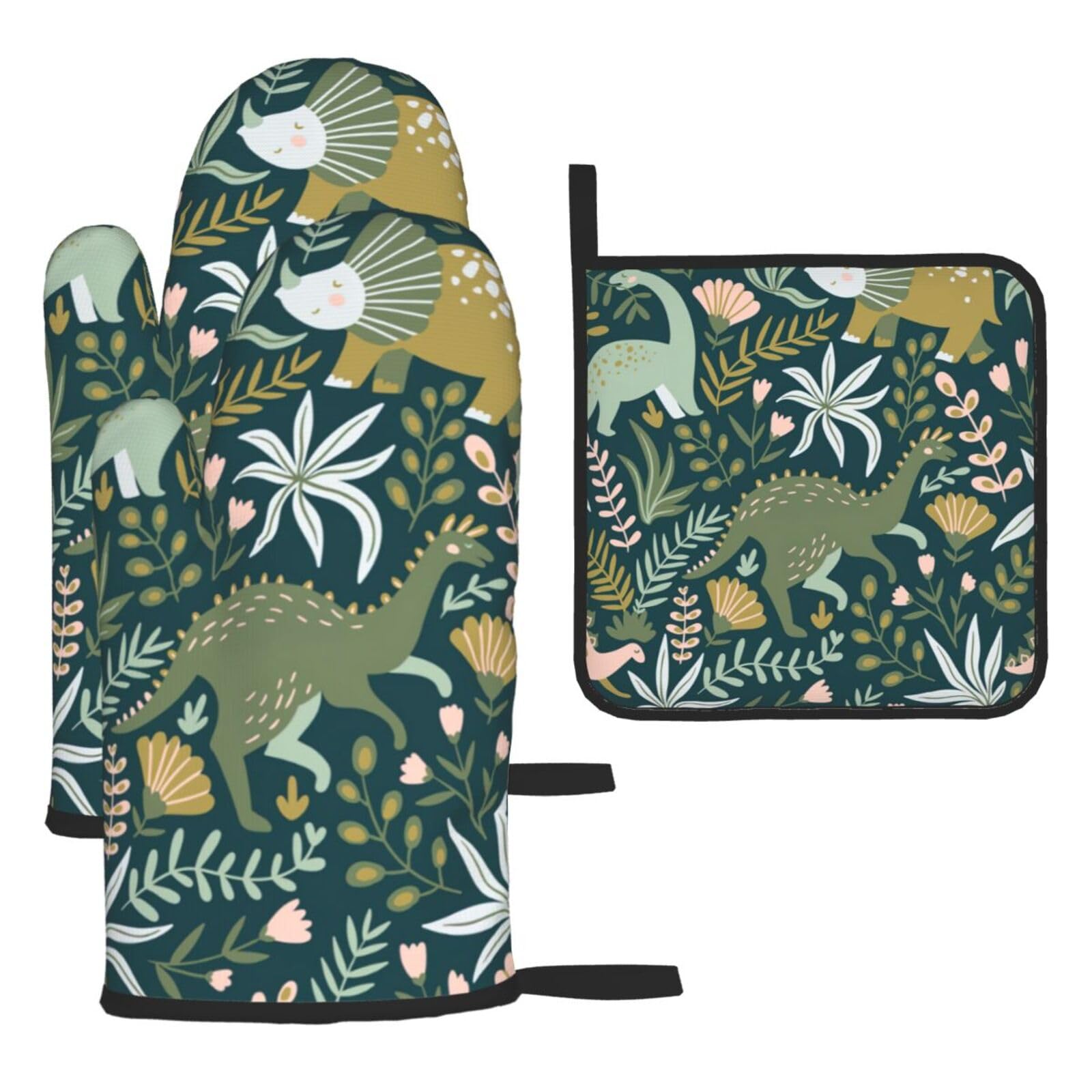 Yyoretp Black Cute Dinosaur Print Oven Mitts And Potholders Bbq Gloves-Oven Mitts And Pot Holders For Cooking Baking
