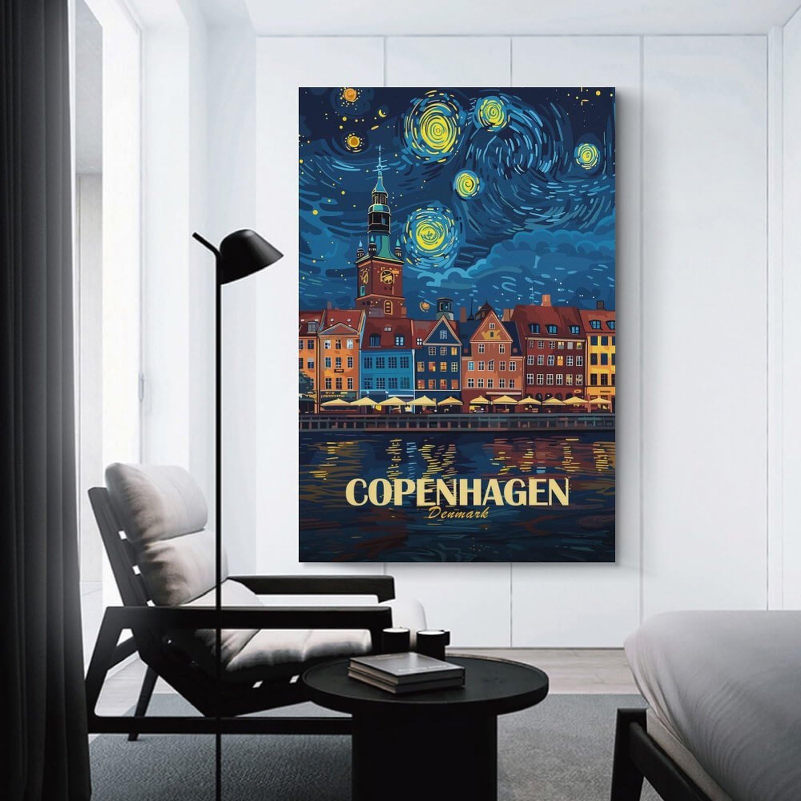 Junmoney Copenhagen, Denmark, Starry Night Style Canvas Wall Art 24x36inch(60x90cm), for Wall Displays, Bedrooms Or Room Updates, Ideal for Building A Coordinated Art Wall