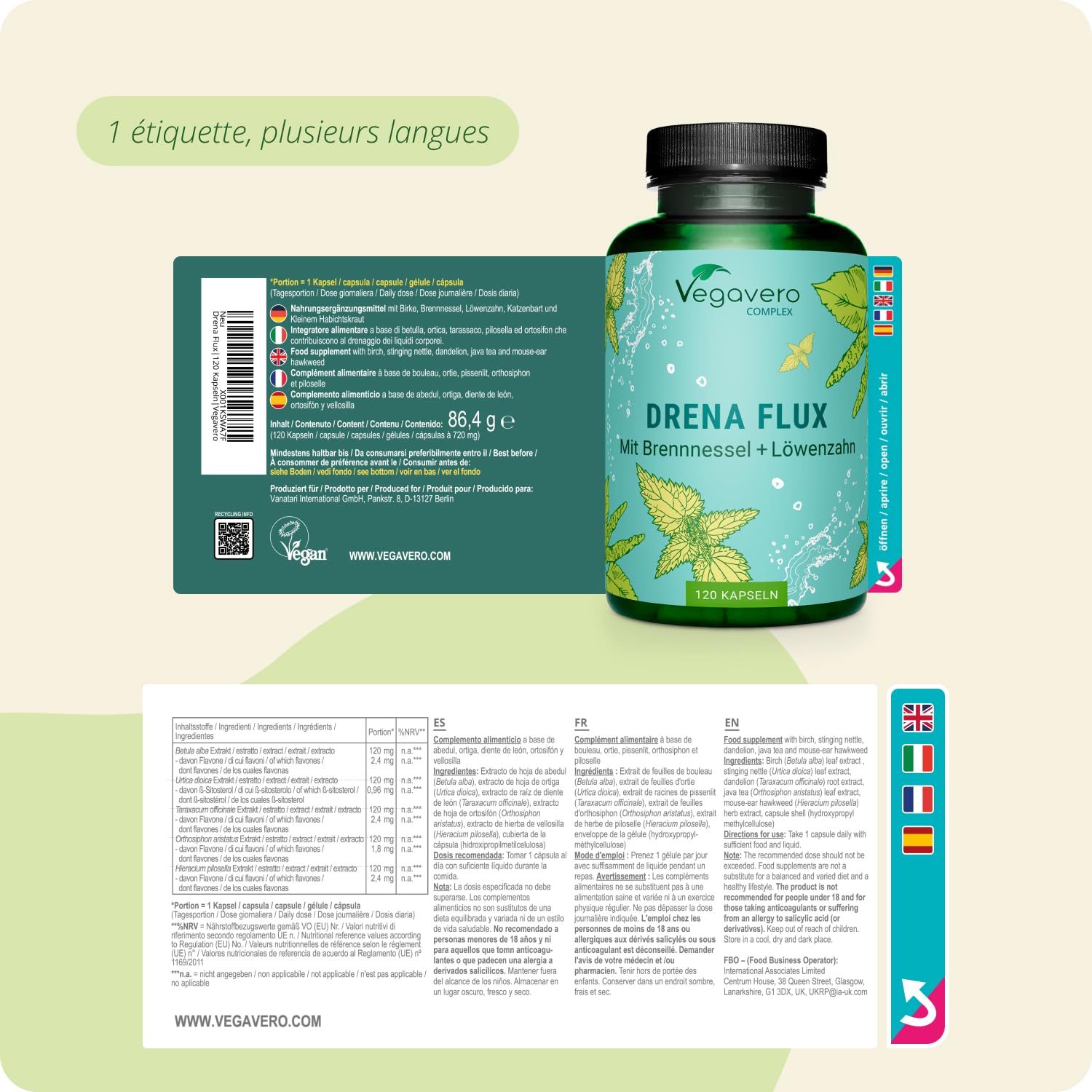 Draineur & Detox Vegavero® | 100% NATUREL | Rétention d’eau + Diurétique Puissant | Ortie, Pissenlit, Bouleau, Piloselle et Orthosiphon | Sans Additifs | 120 Gélules (4 mois) | VEGAN