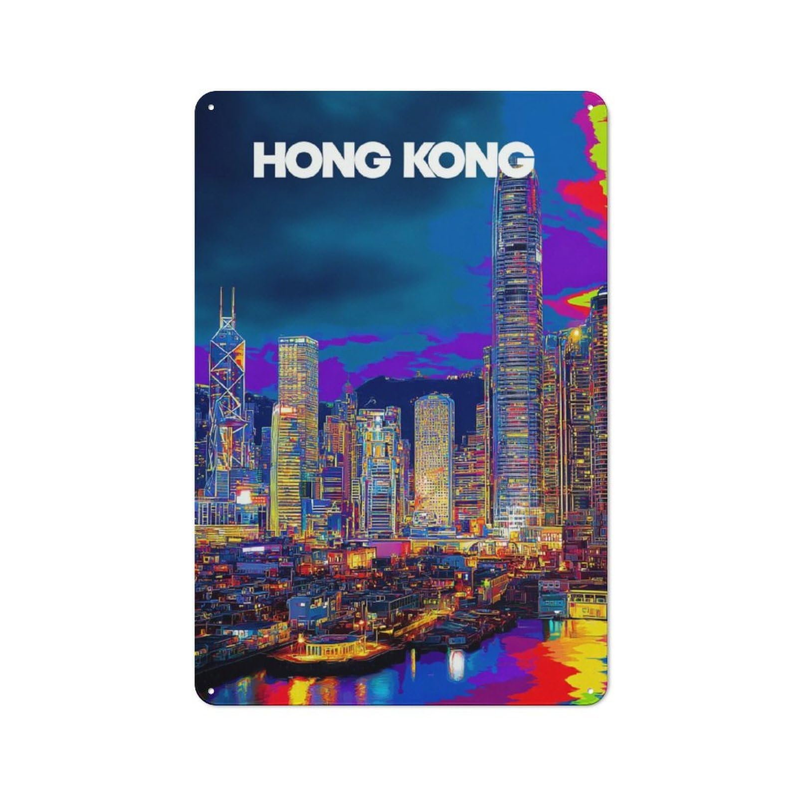 Junmoney Vibrant Hong Kong Nightscape -1 Vintage Tin Wall Plaque 30X20cm For Kitchen Or Home Bar, For Vintage Wall Decor Fans, For Themed Room Decoration