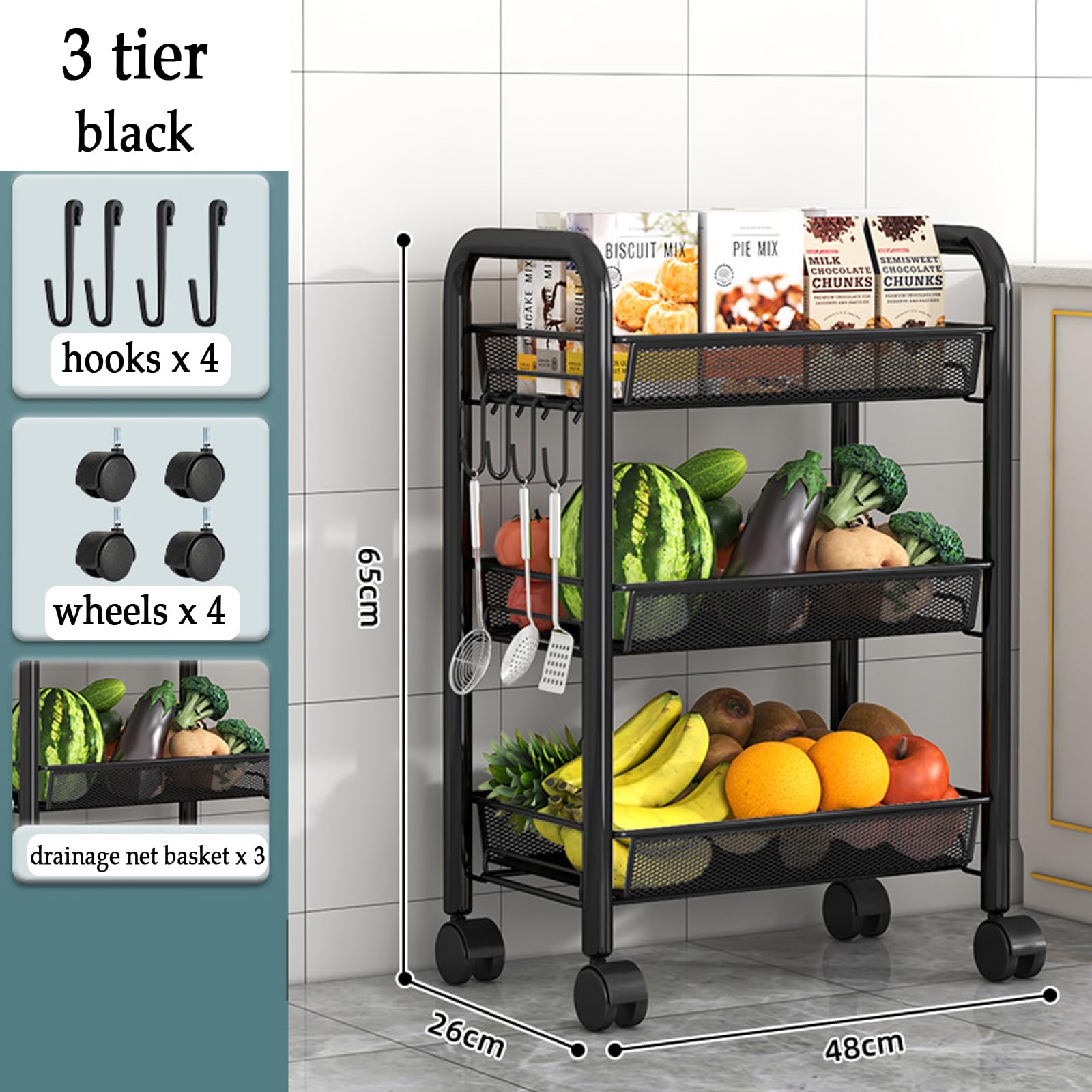 Scaffale per verdure a 3 ripiani nero con design salvaspazio sottile scaffale per verdure su ruote per cucina