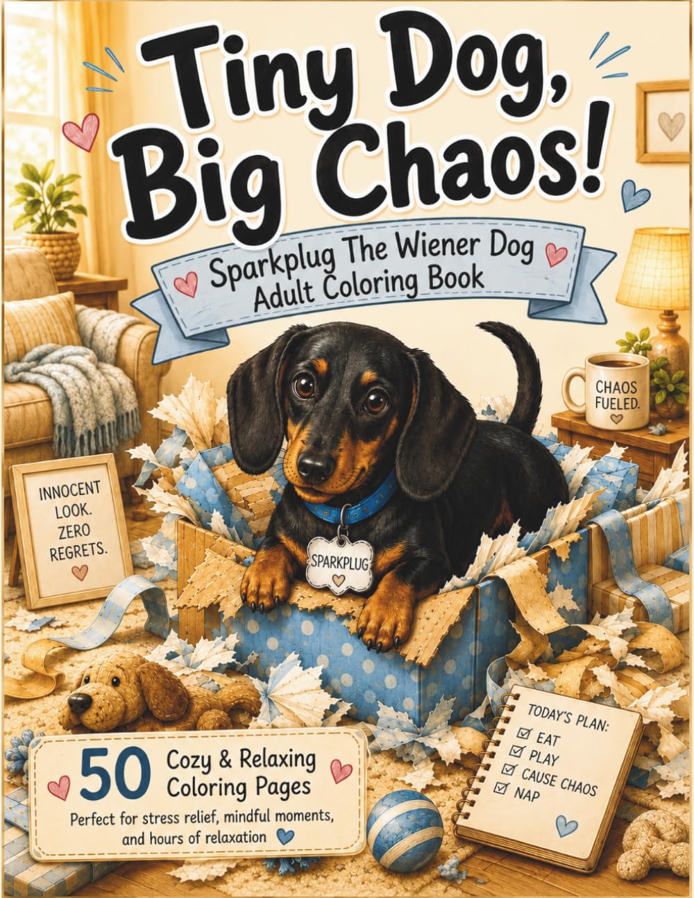 Tiny Dog, Big Chaos! Dachshund Adult Coloring Book: Sparkplug The Wiener Dog Adult Coloring Book Featuring 50 Hygge Style Pages Of Cozy Chaos, Cute ... Relaxing Scenes & Feel-Good Coloring Fun