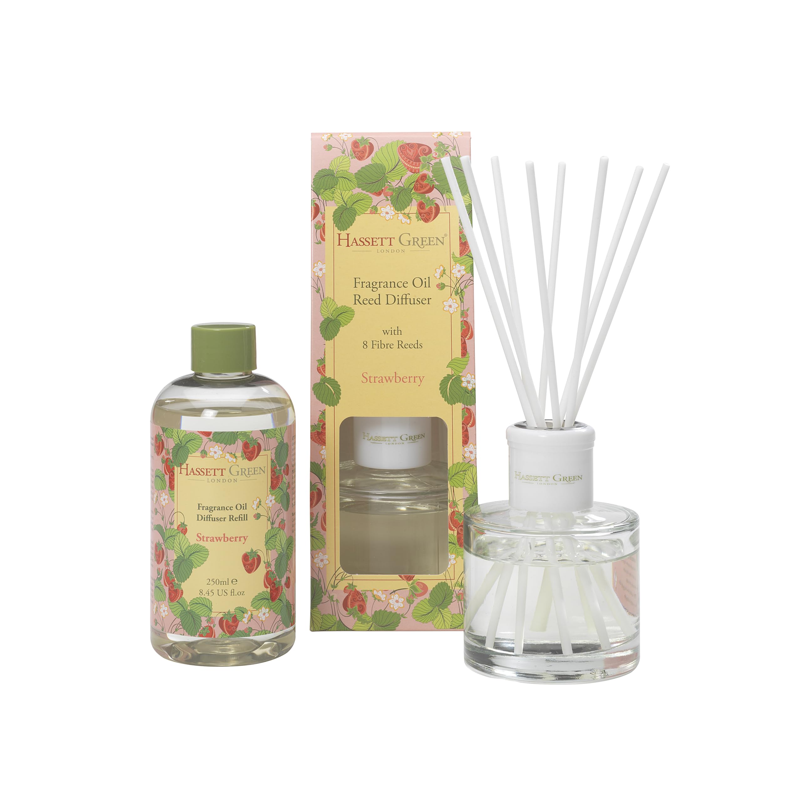 Hassett Green London - Strawberry Reed Diffuser & Refill Set - 100ml Glass Diffuser with 8 Fibre Reed Sticks + 250ml Fragrance Oil Refill