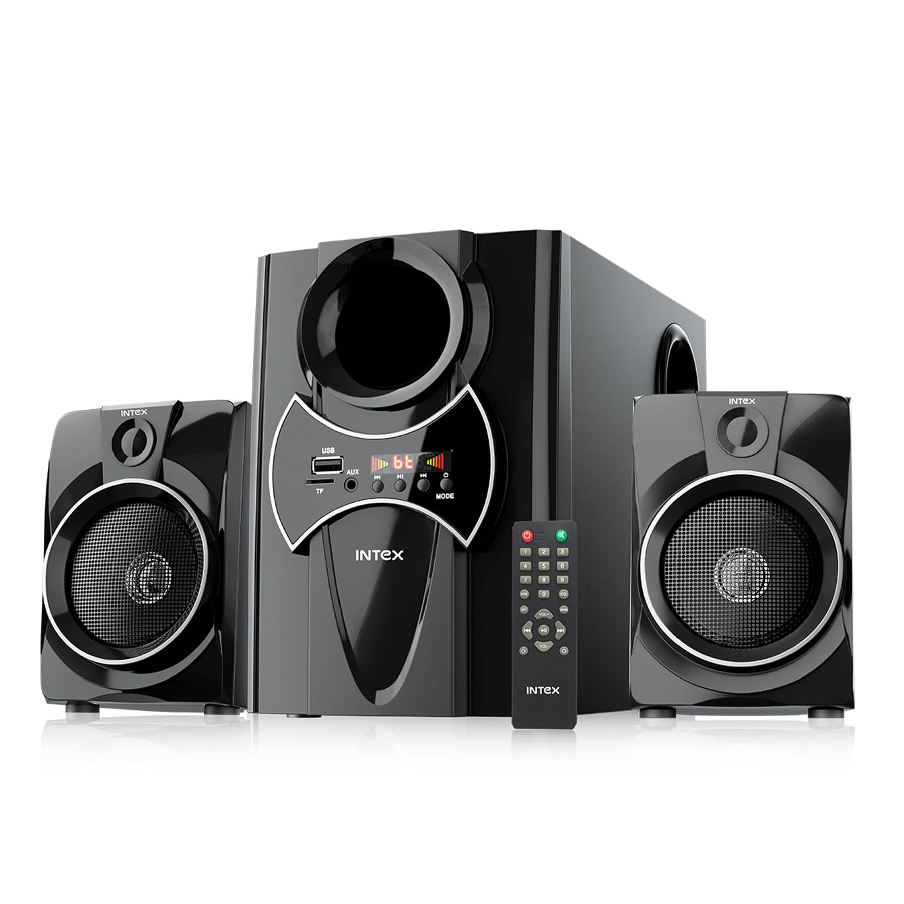 Intex 2.1 Ch 55W Bluetooth Home Theater | Powerful Audio Effect & Multimedia Speaker | 4 inch Subwoofer with 2 Satellite Speaker | Remote Control | Recording & LED Display (Black)